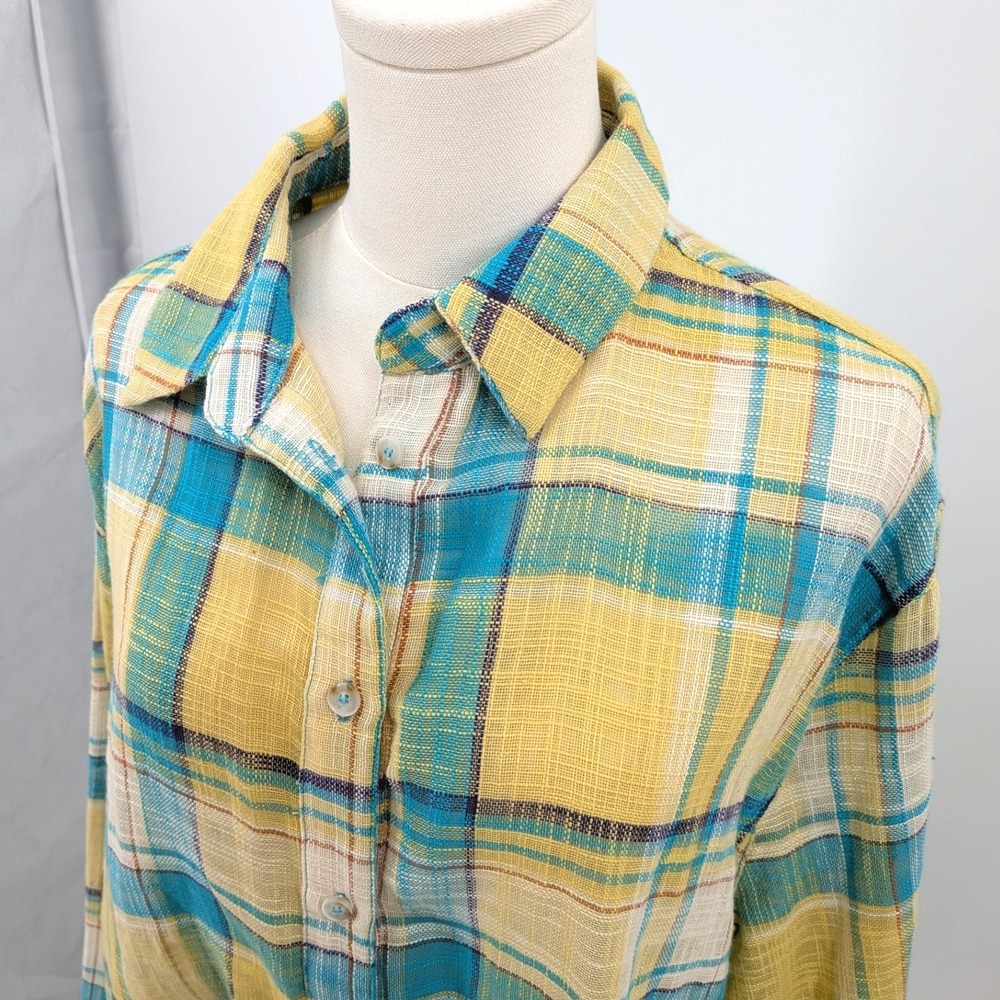 La Miel Plaid Gauze Shirt Raw Hem Boho‎ Beach Lightweight NWT L - Picture 6 of 11